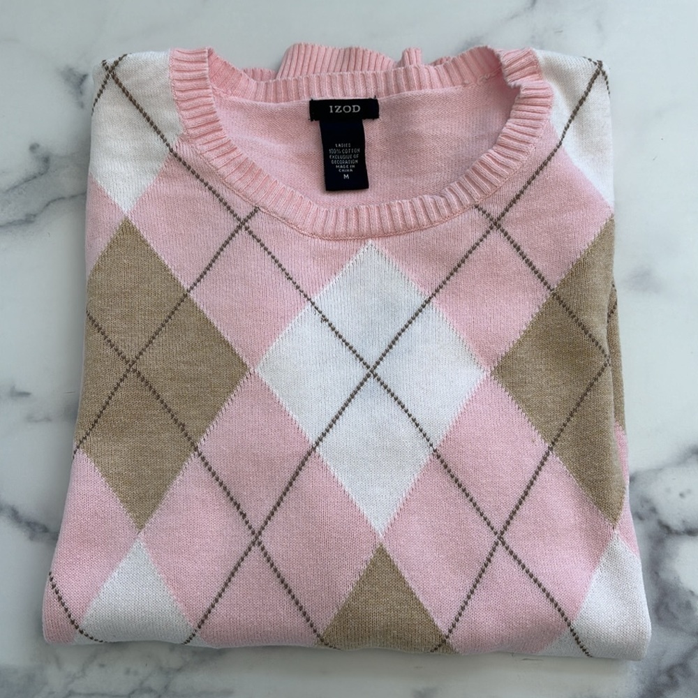 Izod Pink and Tan Argyle Crewneck Sweater Size Medium - Picture 11 of 11